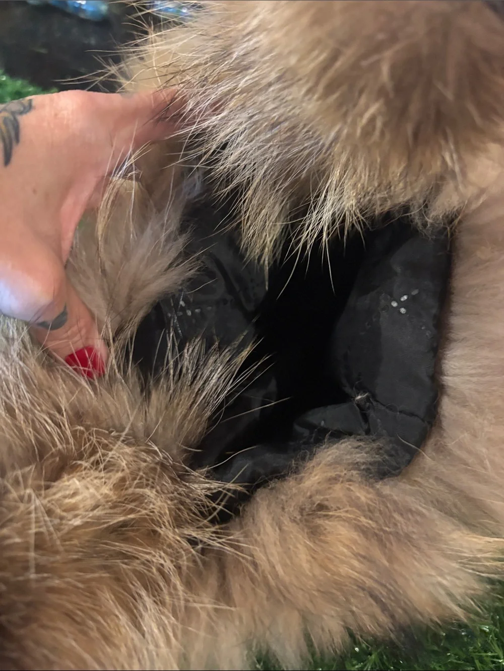 Black Winter Trapper Hat with Tan Faux Fur Trim